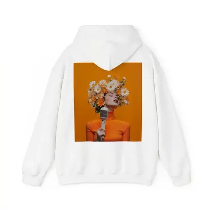Woman Singing Flowers Head Orange Background