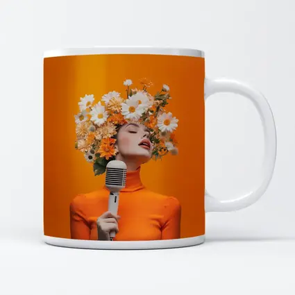 Woman Singing Flowers Head Orange Background