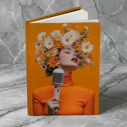 Woman Singing Flowers Head Orange Background