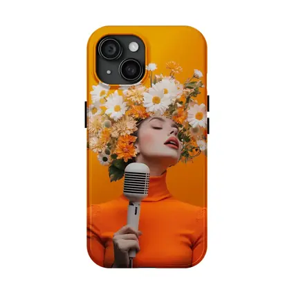 Woman Singing Flowers Head Orange Background