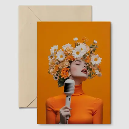 Woman Singing Flowers Head Orange Background