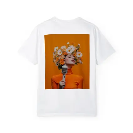 Woman Singing Flowers Head Orange Background