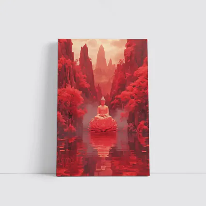 Buddha Lotus Red Misty Mountain Landscape Art