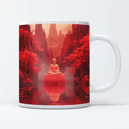 Buddha Lotus Red Misty Mountain Landscape Art