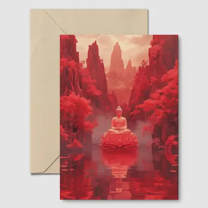 Buddha Lotus Red Misty Mountain Landscape Art