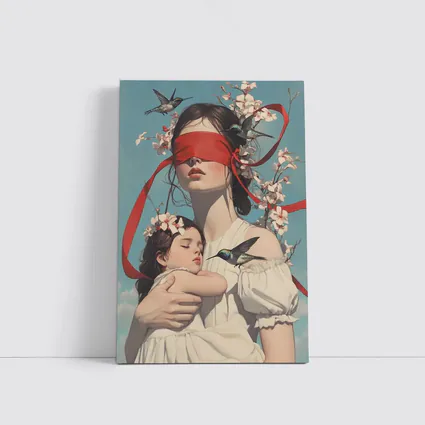 Blindfolded Woman Holding Child Hummingbirds Floral