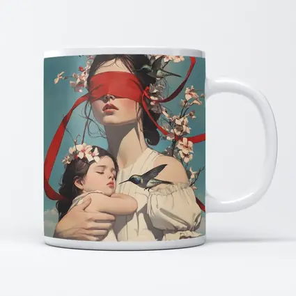 Blindfolded Woman Holding Child Hummingbirds Floral