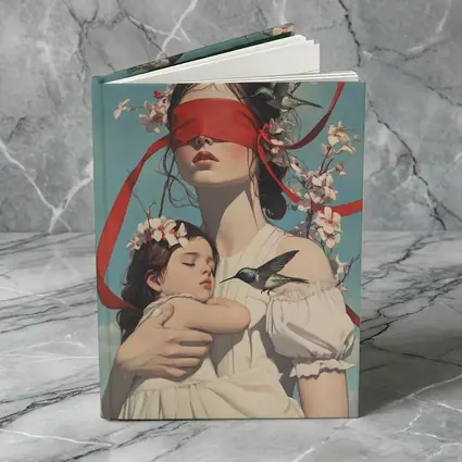 Blindfolded Woman Holding Child Hummingbirds Floral