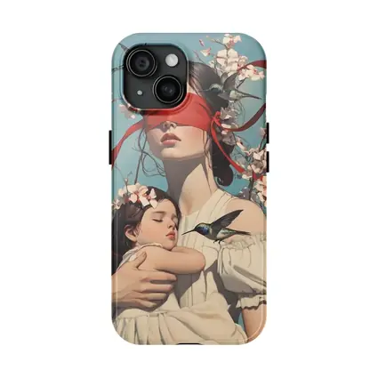 Blindfolded Woman Holding Child Hummingbirds Floral