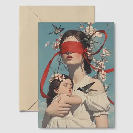 Blindfolded Woman Holding Child Hummingbirds Floral