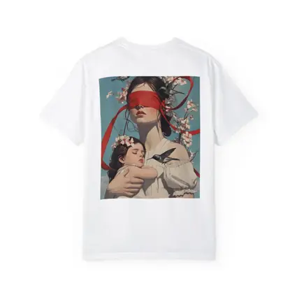 Blindfolded Woman Holding Child Hummingbirds Floral