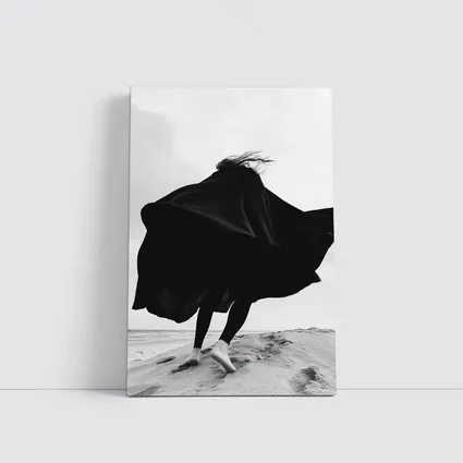 Woman Black Cape Flying Beach Sand