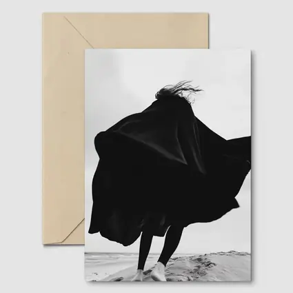 Woman Black Cape Flying Beach Sand
