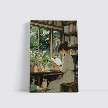Girl Reading Book Cozy Library Cat Anime