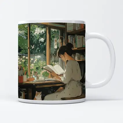 Girl Reading Book Cozy Library Cat Anime