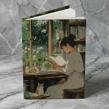 Girl Reading Book Cozy Library Cat Anime