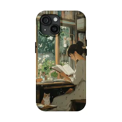 Girl Reading Book Cozy Library Cat Anime