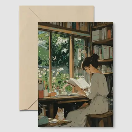 Girl Reading Book Cozy Library Cat Anime