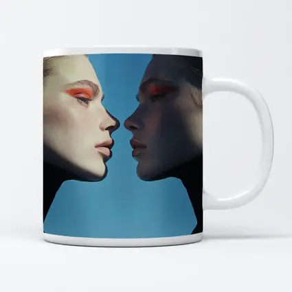 Two Women Facing Orange Eye Makeup Blue