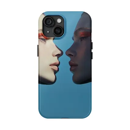 Two Women Facing Orange Eye Makeup Blue