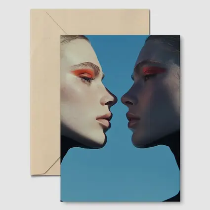 Two Women Facing Orange Eye Makeup Blue