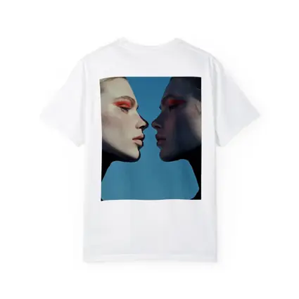 Two Women Facing Orange Eye Makeup Blue