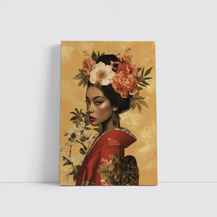 Japanese Woman Floral Crown Gold Background Art