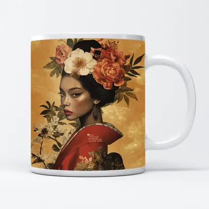 Japanese Woman Floral Crown Gold Background Art