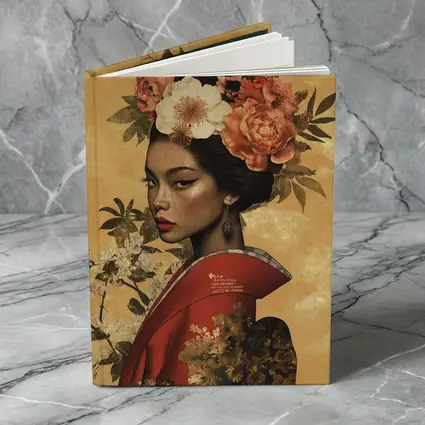 Japanese Woman Floral Crown Gold Background Art