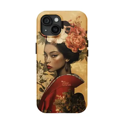 Japanese Woman Floral Crown Gold Background Art