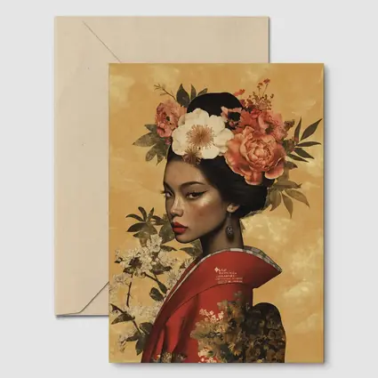 Japanese Woman Floral Crown Gold Background Art