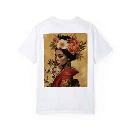 Japanese Woman Floral Crown Gold Background Art