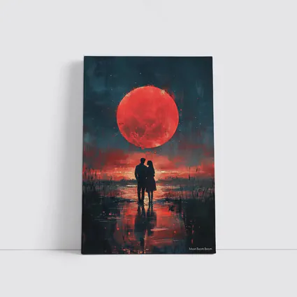 Couple Silhouette Red Moon Night Painting
