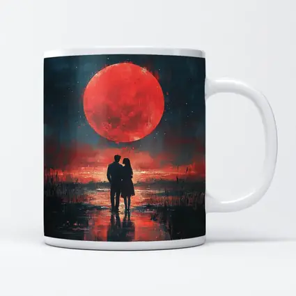 Couple Silhouette Red Moon Night Painting