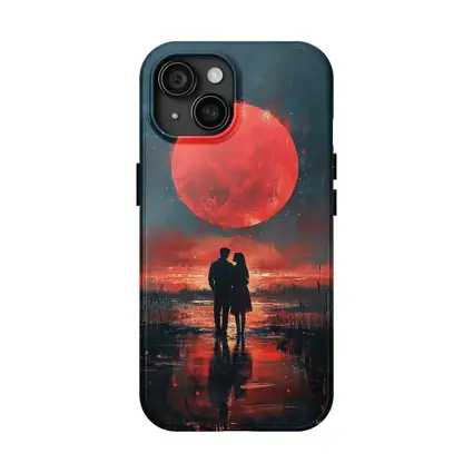 Couple Silhouette Red Moon Night Painting