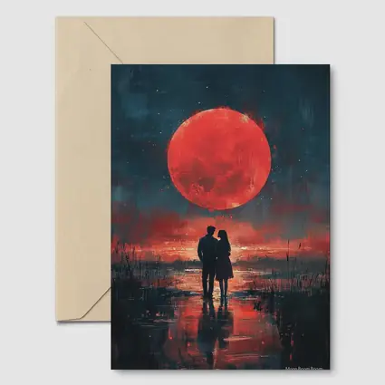 Couple Silhouette Red Moon Night Painting