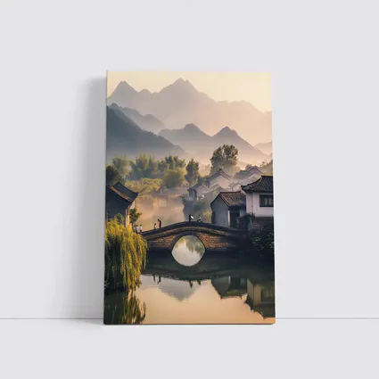Chinese Village Stone Bridge Misty Mountains