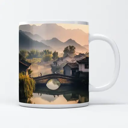 Chinese Village Stone Bridge Misty Mountains