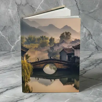 Chinese Village Stone Bridge Misty Mountains