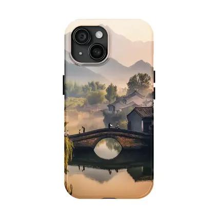 Chinese Village Stone Bridge Misty Mountains
