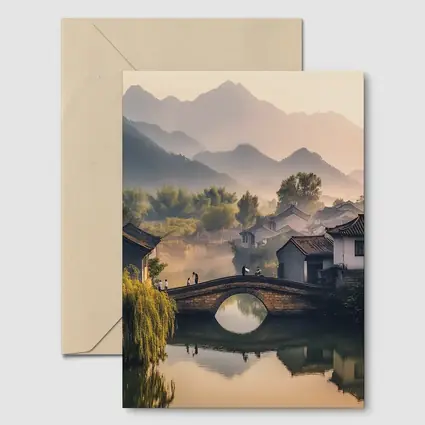 Chinese Village Stone Bridge Misty Mountains