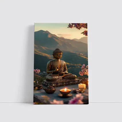 Golden Buddha Statue Mountain Sunset Candles
