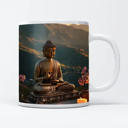 Golden Buddha Statue Mountain Sunset Candles