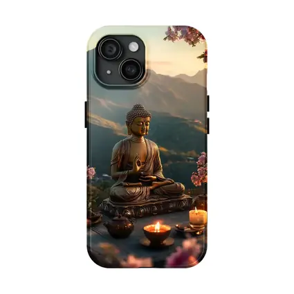 Golden Buddha Statue Mountain Sunset Candles