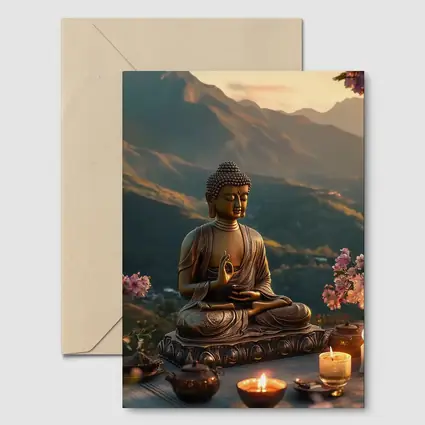 Golden Buddha Statue Mountain Sunset Candles