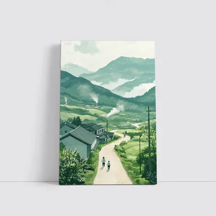 Green Village Road Walking Illustration Art
