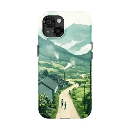 Green Village Road Walking Illustration Art