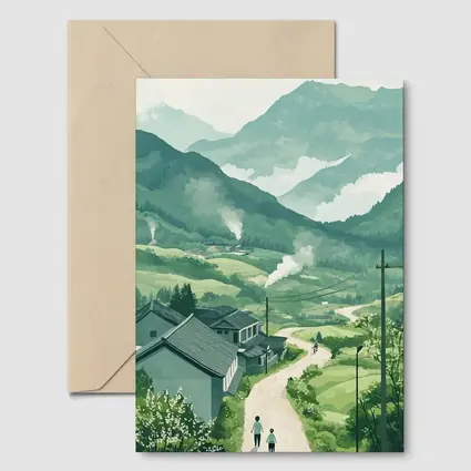 Green Village Road Walking Illustration Art