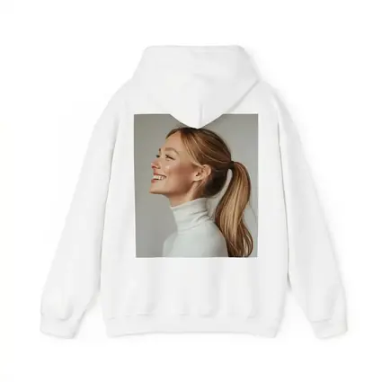 Smiling Woman White Turtleneck Gray Background