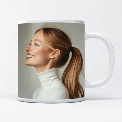 Smiling Woman White Turtleneck Gray Background